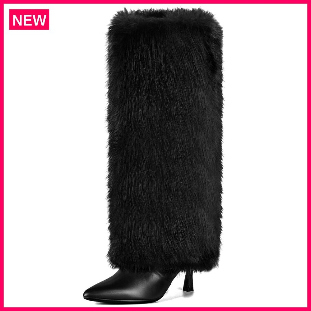 Kitten Heel Knee High Faux Fur Boots Wide Calf Fold Over Side Zipper